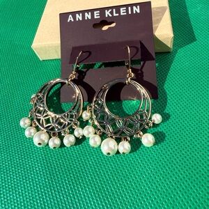 Anne Klein Gold Filigree Hoop Earrings with Pearl Dangles